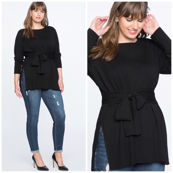Eloquii Sweaters - Eloquii Black Tie Waist Side Slit Sweater